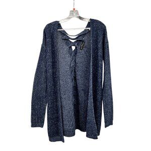 Derek Heart Knit Cardigan Open Front Blue/White Braided Back Size Small